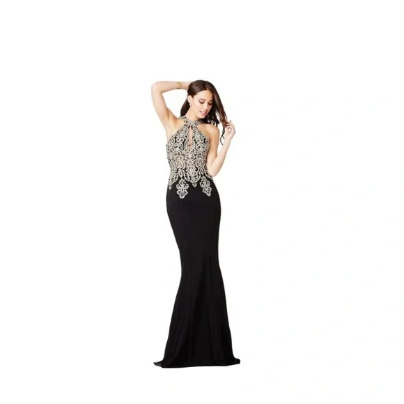 slim fit dress slacks Long Formal Dress 42600 by Jovani Black/Gold / 0 main image 1